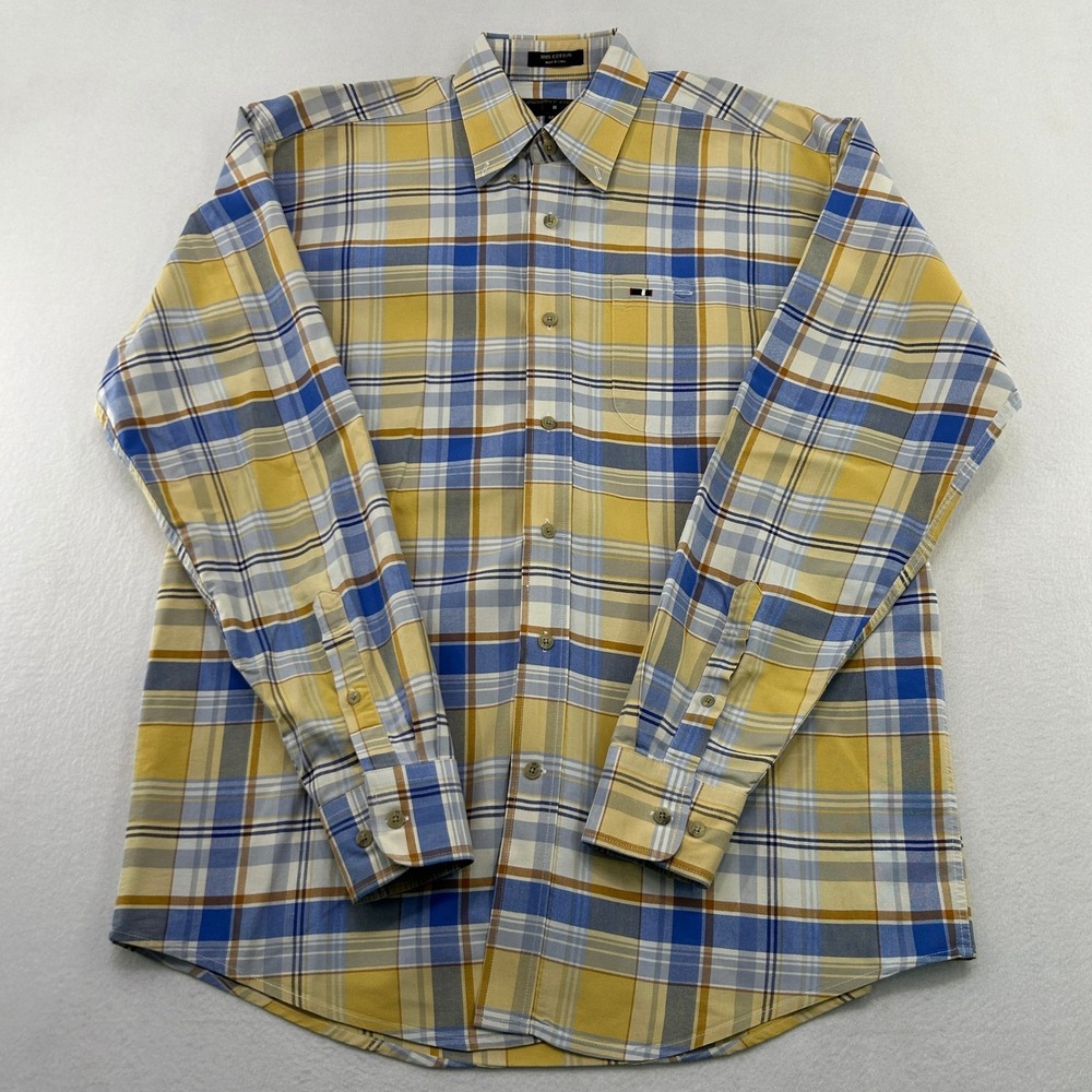 Urgent Gear Mens Plaid Button Down Shirt Yellow Blue Cotton Long Sleeve Size M